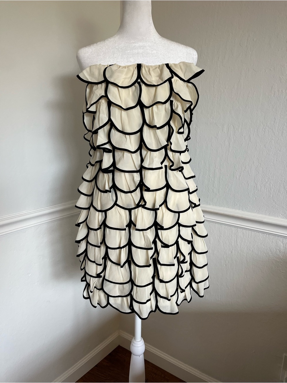 Strapless Cream Ruffle Tiered Chiffon Dress with Black Trim Detail